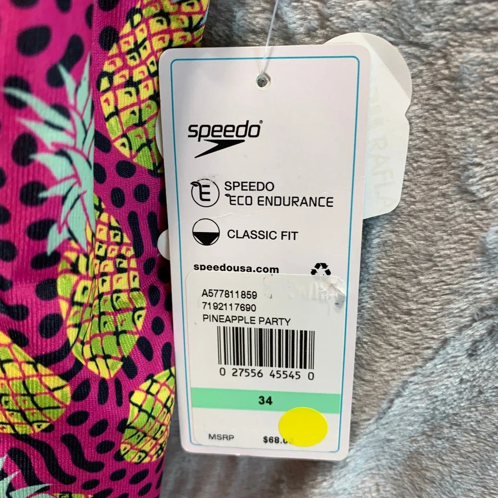 Speedo Vibe Collection Pineapple Party One Piece Swimsuit Pink Teal Size 34 NEW
